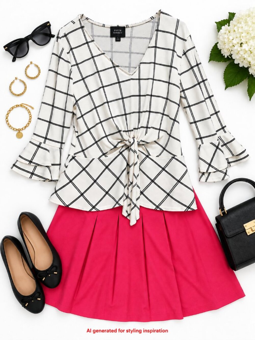 New Fifty Street Black White Windowpane Peplum Blouse Faux Knot Size L